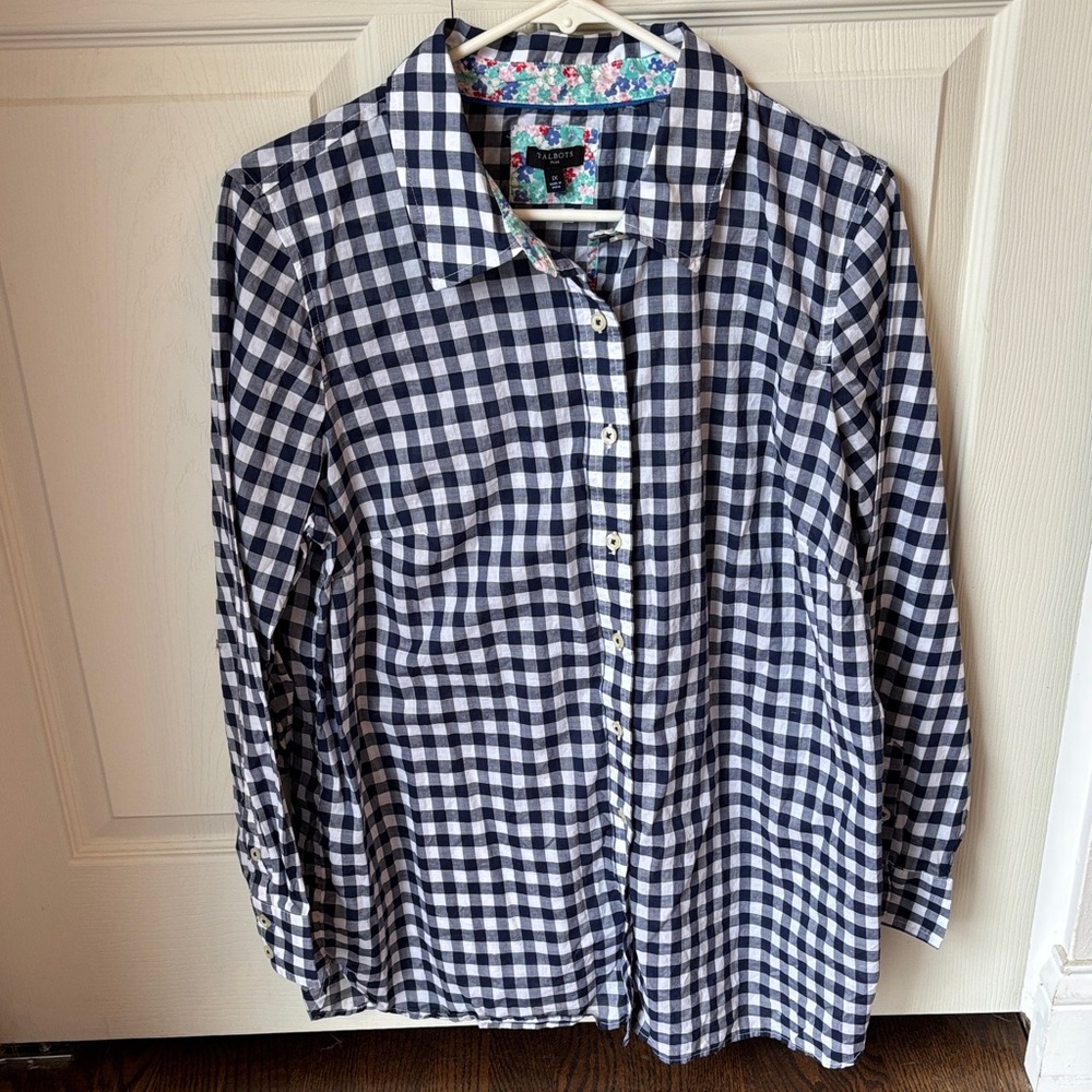 Talbots Navy White Gingham Checkered Button-Up Co… - image 1